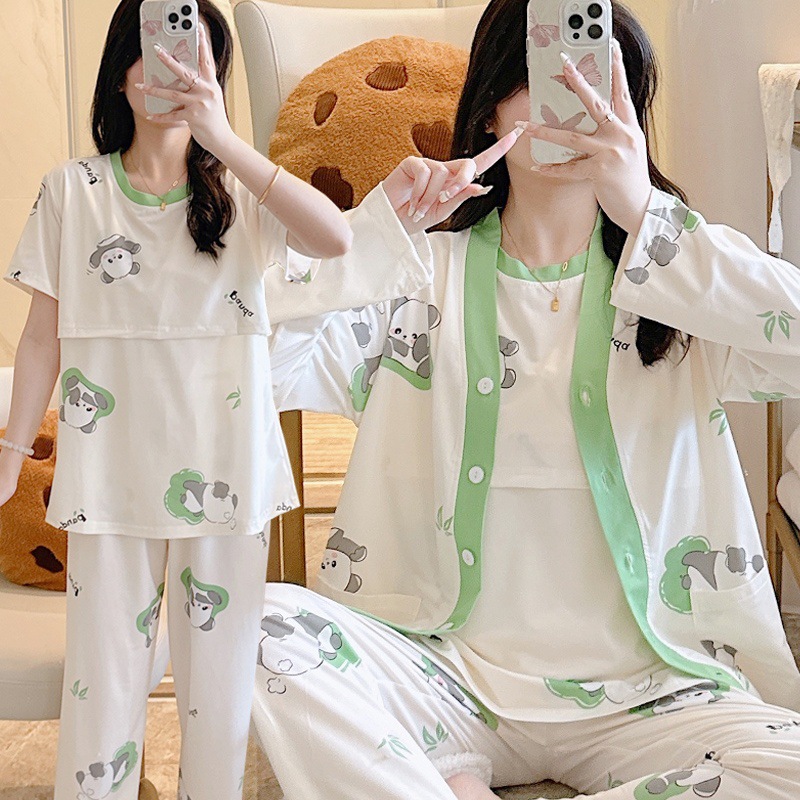 Maternity Pajamas for Spring, Autumn, and Summer, Cotton Three-Piece Set for Postpartum and Lactation, Thin Style for Nursing Mothers