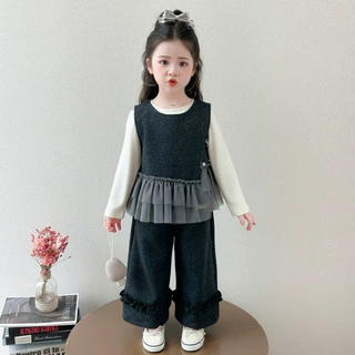 女童秋季套装2026好看 新款拼纱背心木耳边直筒长裤裤三件休闲装