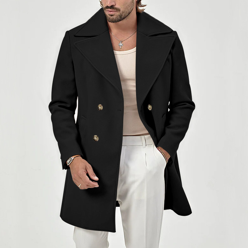 Men's suit collar medium length men's casual solid color versatile windbreaker coat_voghion.com