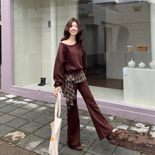 秋季女装大码高级感斜肩卫衣女两件套复古显瘦高腰微喇裤子套装