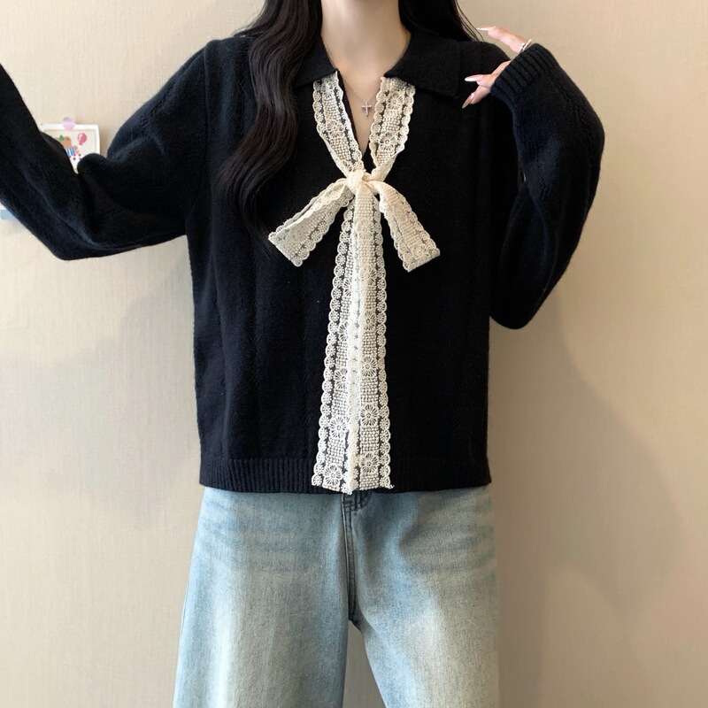 大码设计感蕾丝蝴蝶结系带Polo领针织衫毛衣女秋冬法式温柔风上衣|undefined