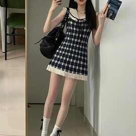 miu系穿搭学院风海军领格子无袖连衣裙女夏季2025新款小个子短裙