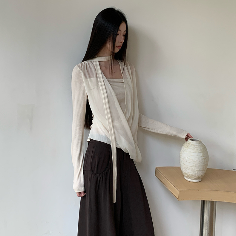 Draped Overlapping Mesh Fake Two-Piece Velvet Halterneck Wool Knitted Top