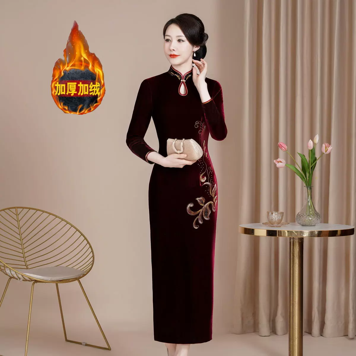 深圳丝绒旗袍新款中年大码加厚复古宴会婆婆妈妈装连衣裙一件代发
