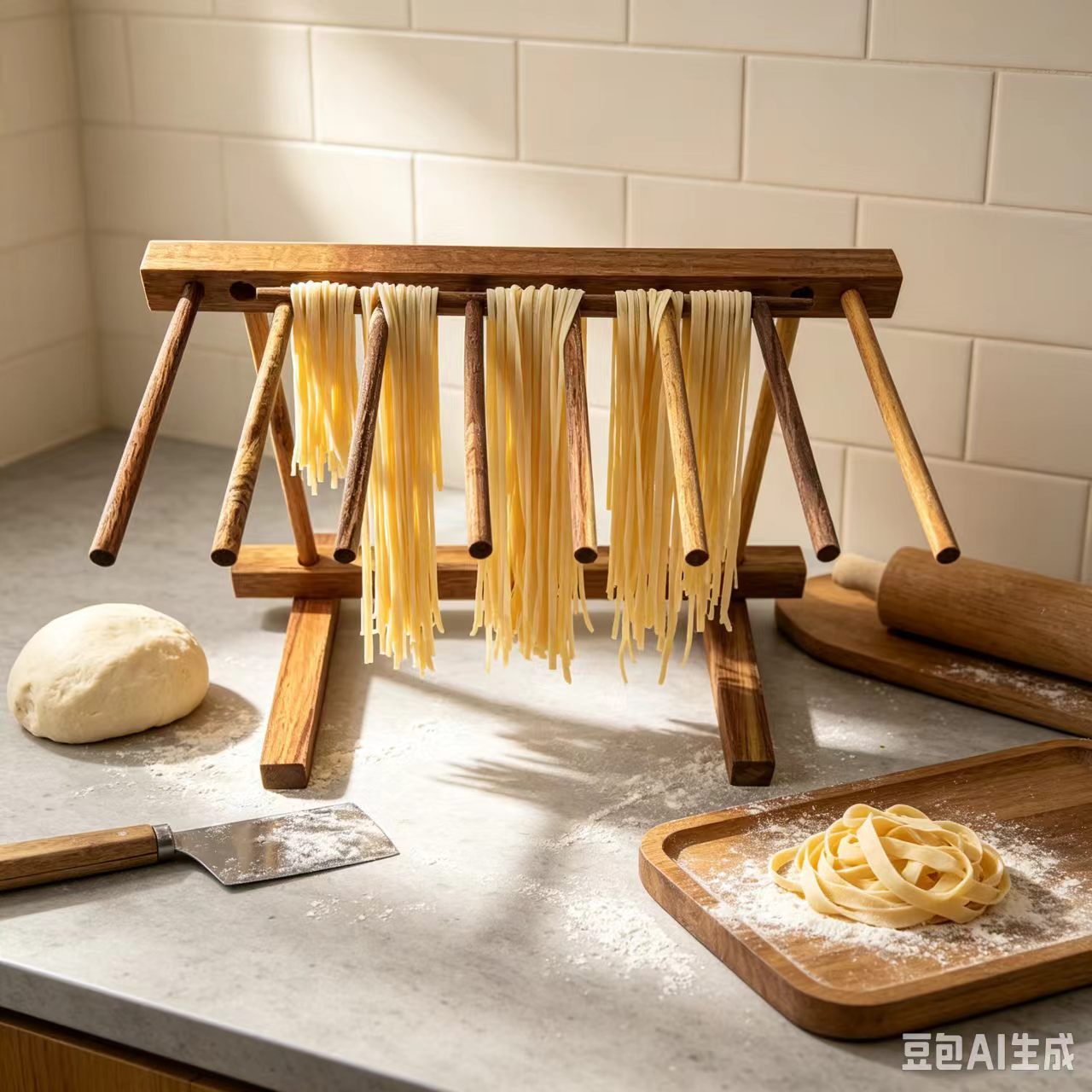 Envío Internacional de un Nuevo Escurridor de Fideos de Bambú y Madera, Escurridor de Fideos de Madera de Haya para Cocina, Escurridor de Fideos Desmontable con Tirador Manual.