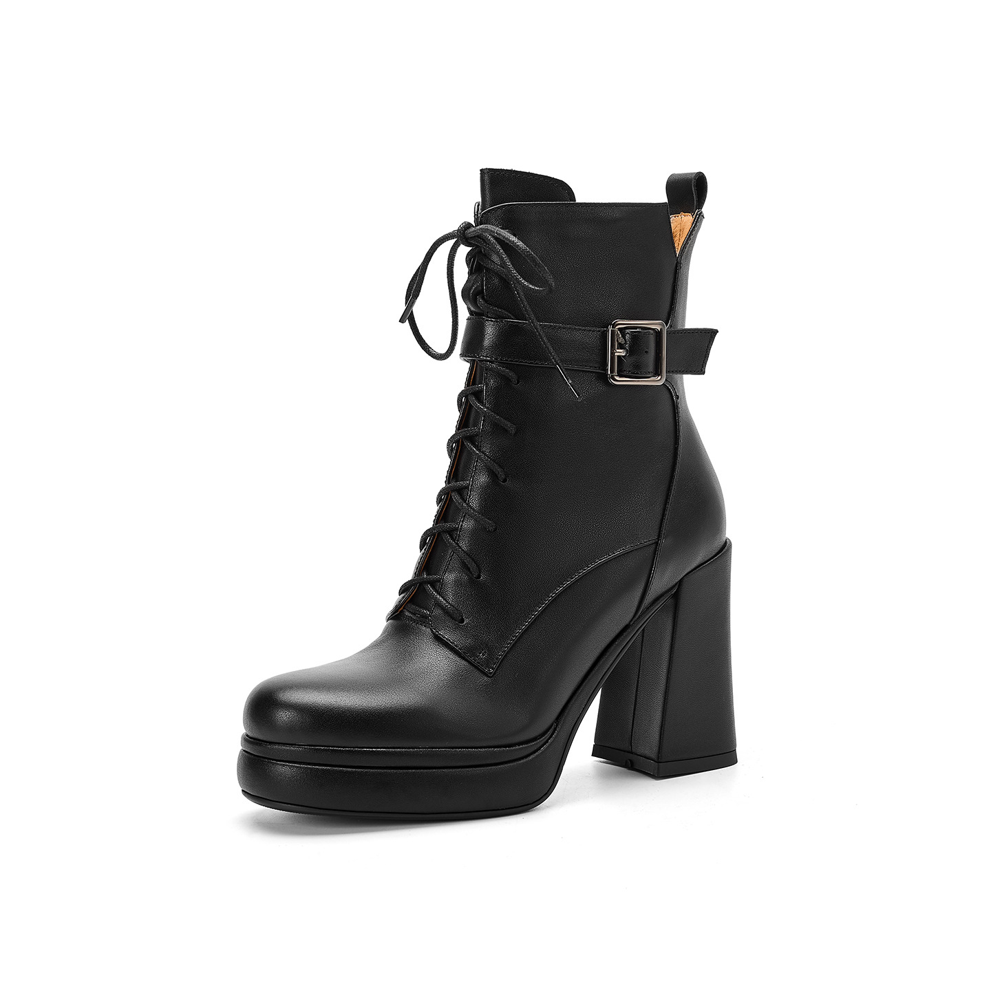 Giày boot nữ da thật cổ ngắn dây buộc gót vuông 10 cm đế dày mùa thu đông — màu đen, Màu trắng nhạt