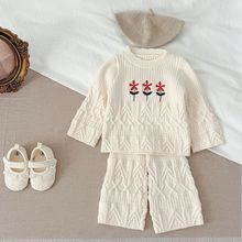 韩版女宝宝2023秋季时髦套装婴幼儿刺绣针织纯色上衣+裤子两件套