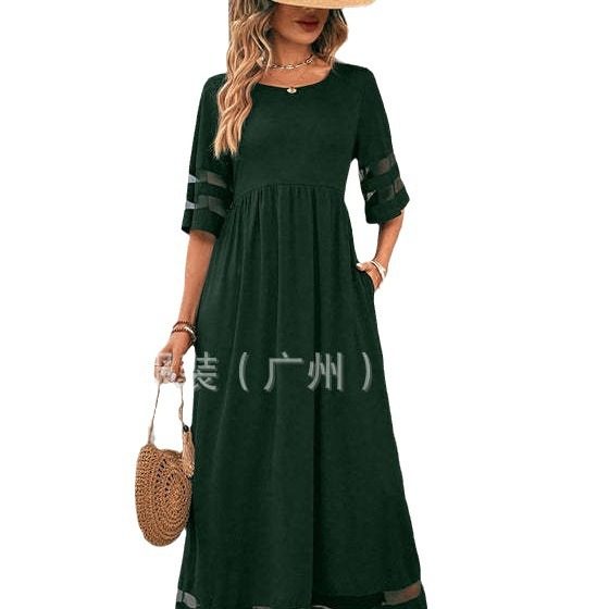 Cross-border Export Amazon New Hot-selling Plus Size Women's Quarter-sleeved Mesh Round Neck Splicing Flap Pocket Pants Dress