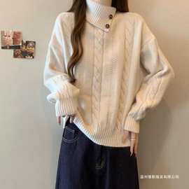 高领正肩麻花毛衣2025秋冬大码mm不规则翻领针织衫上衣中式