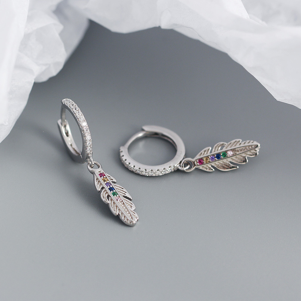 Feather Pattern 925 Sterling Silver Gem Feather Earrings