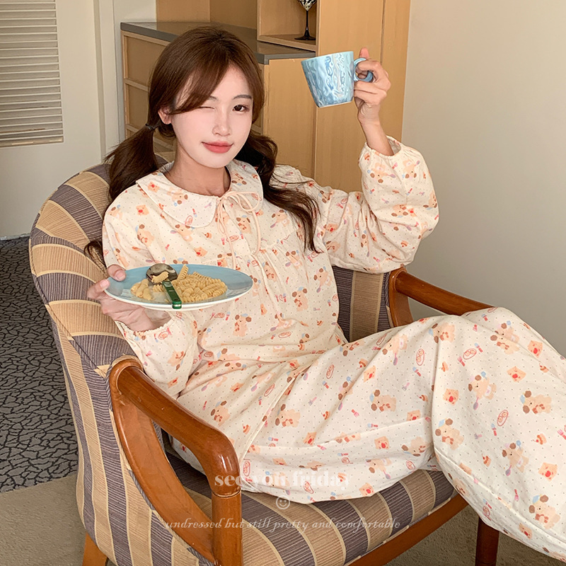 High Density Double-layer Cotton Yarn Long-sleeved Trousers Cartoon Puppy Printed Strap Doll Collar Spring and Summer New Arrival Pajamas for suit Women