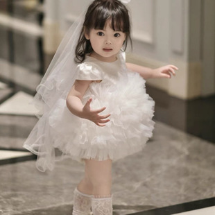 High-End White Summer Dress for Girls' First Birthday, Flower Girl Wedding Dress, Baby Girl Princess Dress, Short-Sleeved Tutu Skirt