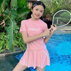 兒童泳衣女保守分體2024新款中大童學生兩件套泡溫泉時尚運動泳裝