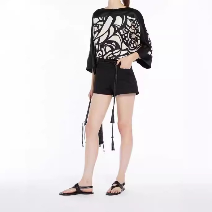 M's New Summer Mulberry Silk Loose Boat Neck Printed Three-Quarter Sleeve Shirt