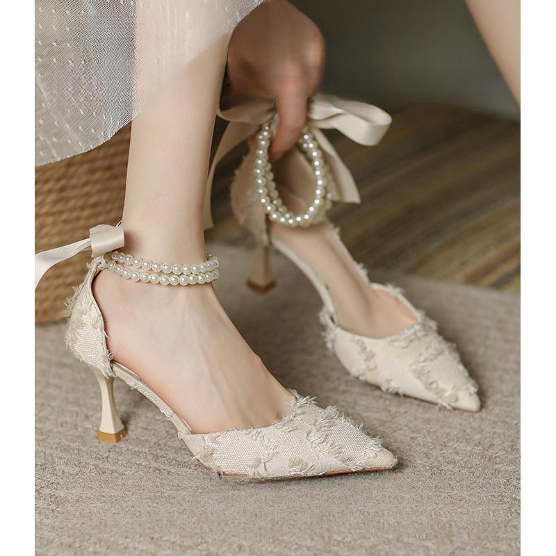 Small Size 3132 High Heels for Women Summer Pearl French Style Fairy Style Gentle with Skirt Lady Stiletto Small Fragrance Small Size 3132 High Heels for Women Summer Pearl French Style Fairy Style Gentle with Skirt Lady Stiletto Small Fragrance
