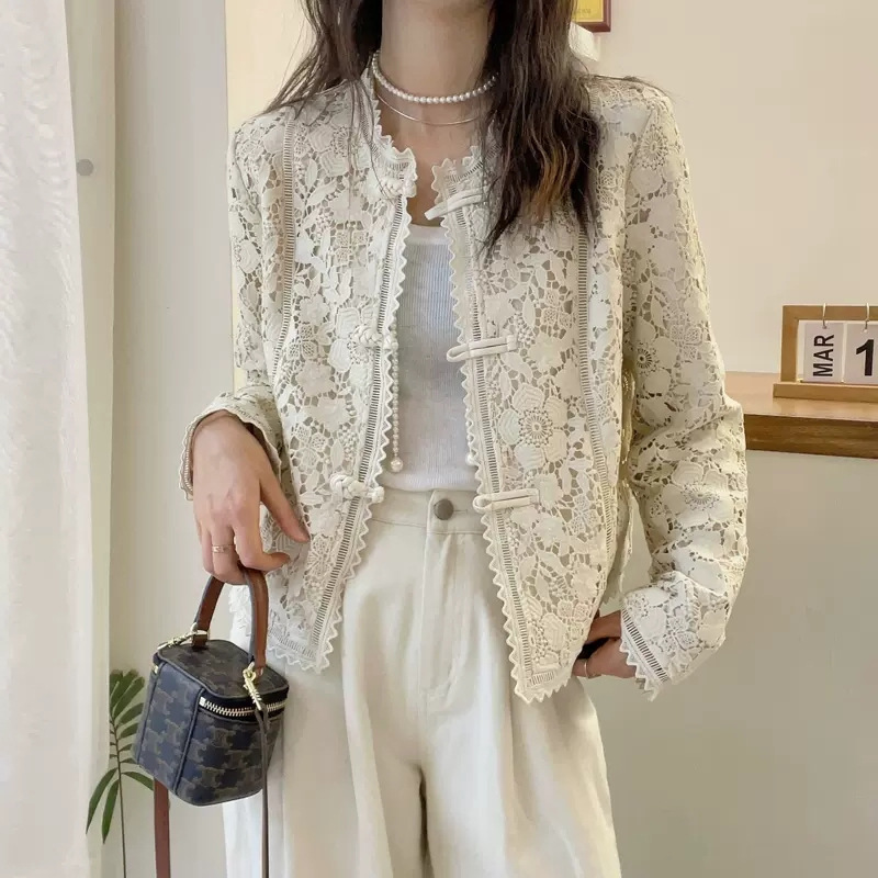 新中式蕾丝圆领勾花洋气外套防晒衣镂空针织宽松长袖开衫女士外套|undefined