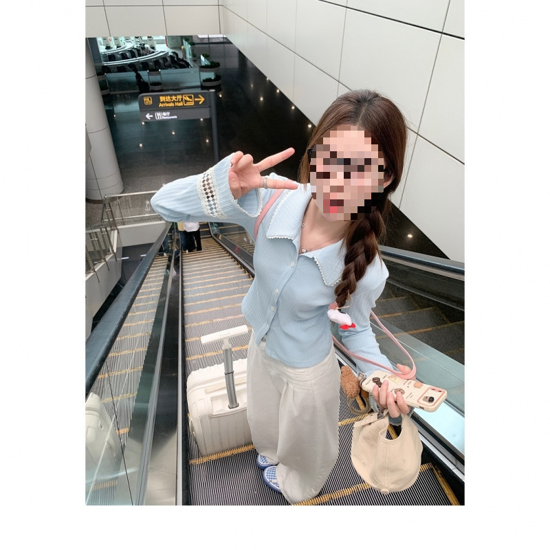 Blue Lapel Long Sleeve Elegant All-match Autumn 2024 New Sweater Elegant All-match Slim-fit Slimming Knitted Top