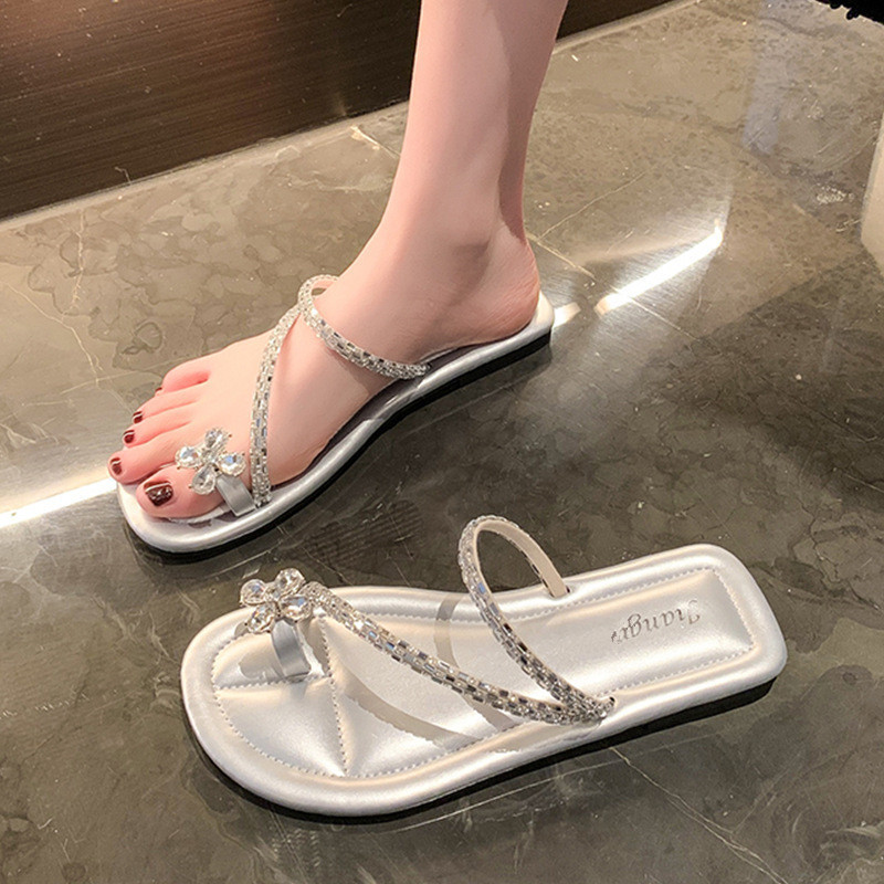 フレンチイブニングスタイルスリッパ女性の夏のアウターウェア 2025 新しい花柄ラインストーンサンダルフラットソールハイエンドスリッパ|undefined