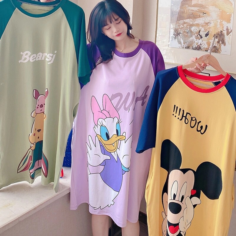 Large Size Foreign Trade Dress Women's Cartoon Loose Short-sleeved Summer Spring and Autumn Mid-length Home Clothes Cultural Dress Casual Nightdress