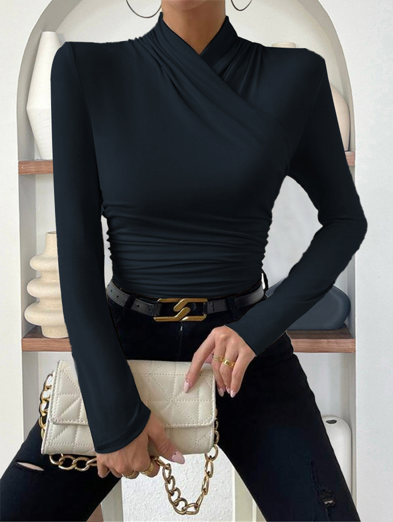 Elegant Women's Cross-Neck Slim-Fit T-Shirt Tuck Detail Versatile Autumn Winter Wardrobe Staple Fashion Top for Ladies_ecoleips.com
