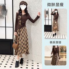 不规则斜肩长袖上衣雪纺格纹半身裙女套装薄款2025早秋新款连衣裙