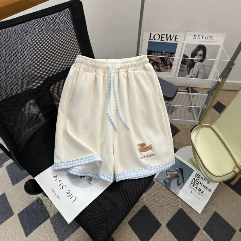 Simple puppy embroidery cute patchwork plaid shorts for women 2026 sweet casual new versatile loose shorts
