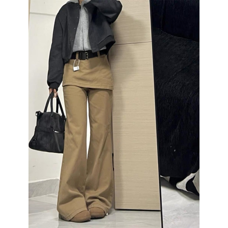 Plus-Size Trendy Retro Faux Two-Piece Denim Pants 2025 Flared Workwear Slimming Straight Layered Wide-Leg Trousers Plus-Size Trendy Retro Faux Two-Piece Denim Pants 2025 Flared Workwear Slimming Straight Layered Wide-Leg Trousers