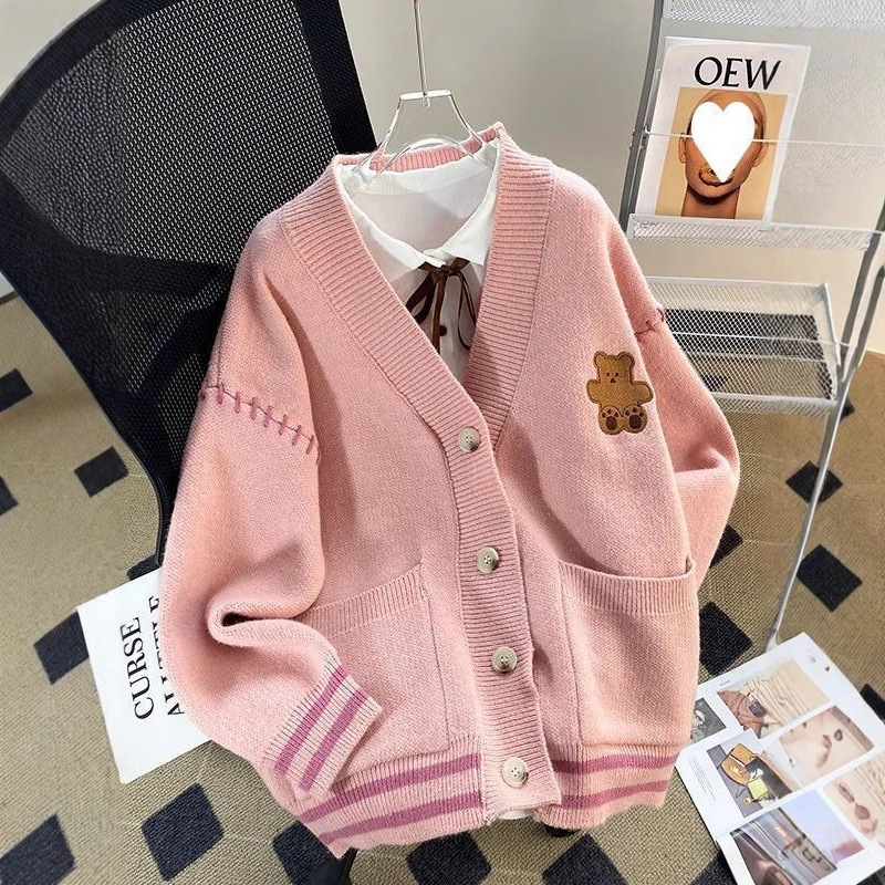 Oso perezoso suéter cardigan mujeres otoño estilo universitario nicho con cuello en V suéter estilo japonés suave glutinoso más tamaño abrigo grueso image 4