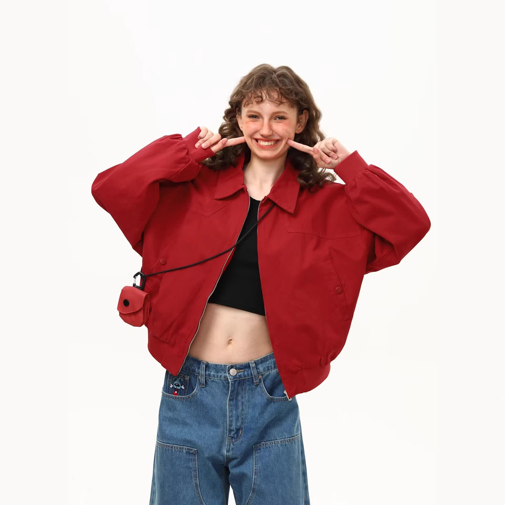 American street style unisex red Harrington jacket, suitable for spring and autumn, clean fit, basic short jacket for commuting.