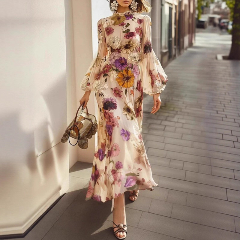 2025 Cross-Border Amazon New Holiday Style Ruffled Chiffon Printed Elegant Waist Long-Sleeved Dress