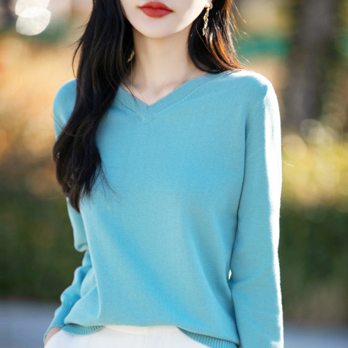 Cotton Knit Sweater for Women, V-Neck, Long Sleeve, Thin Innerwear—Spring and Autumn Top, Loose-Fitting Pullover Base Layer