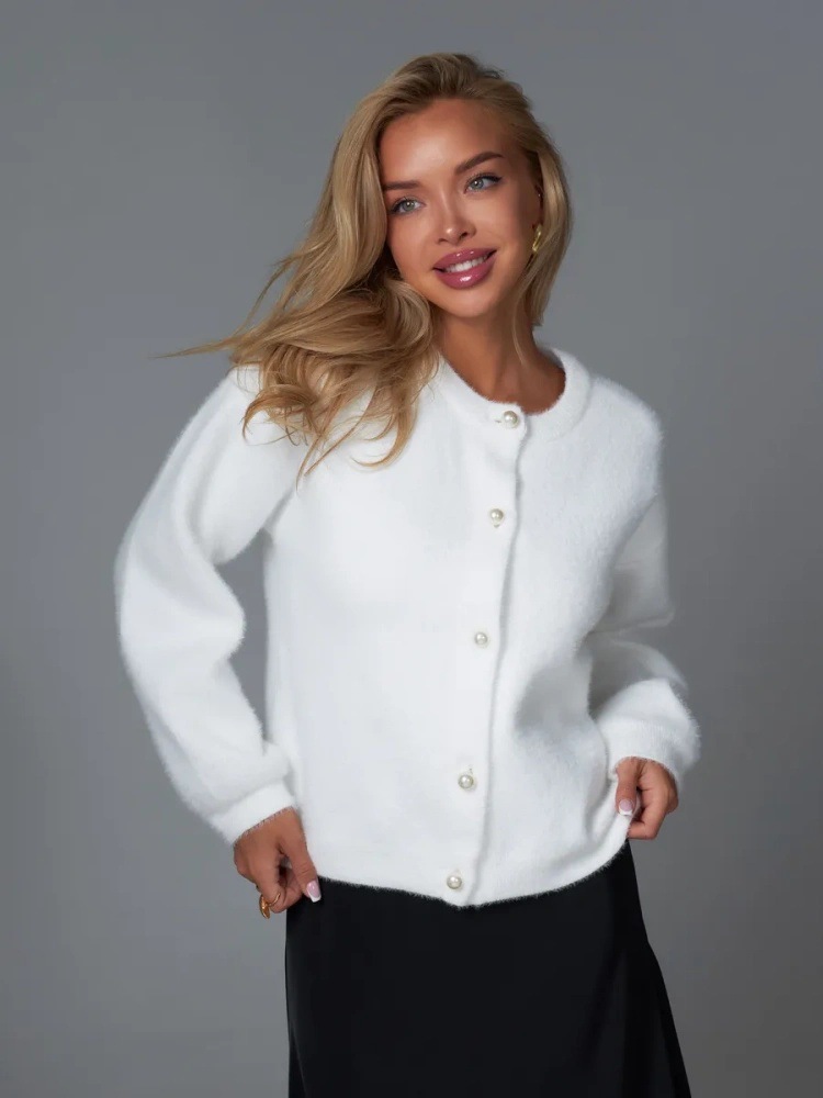 Cardigan aus Kunstnerzstrick – Weicher, übergroßer Strickmantel mit Knopfleiste (Einheitsgröße, Rundhalsausschnitt, lange Ärmel, dick und kuschelig, Weiß, perfekt zum Layern)_voghion.com