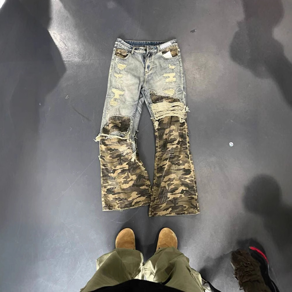 American Retro Fake Two-piece Jeans Design Sense Premium Camouflage Splicing Ripped Men's Cleanfit Straight Pants_viptrois.com