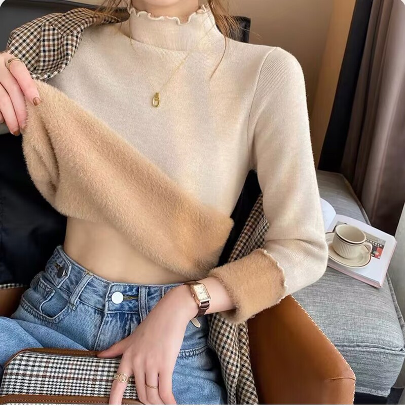 Fleece-lined thickened one-piece velvet bottoming shirt for women autumn and winter New style wooden ear half turtleneck warm all-match T-shirt top fashion Fleece-lined thickened one-piece velvet bottoming shirt for women autumn and winter New style wooden ear half turtleneck warm all-match T-shirt top fashion