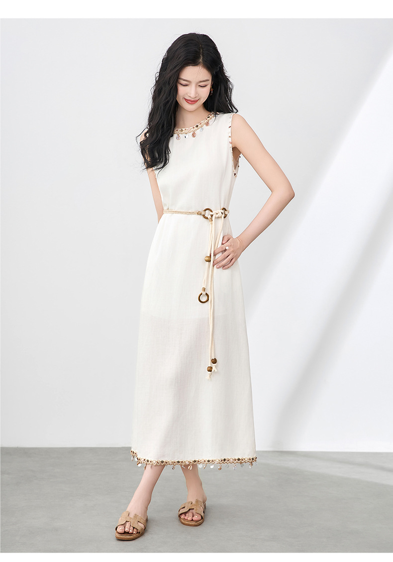 Đầm maxi nữ không tay phong cách Bohemian chất liệu linen tencel phối tua rua — Màu kaki chi tiết 13