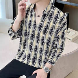 男士v领短袖碎花衬衫夏天冰丝弹力百搭半袖t恤韩版潮流七分袖衬衣