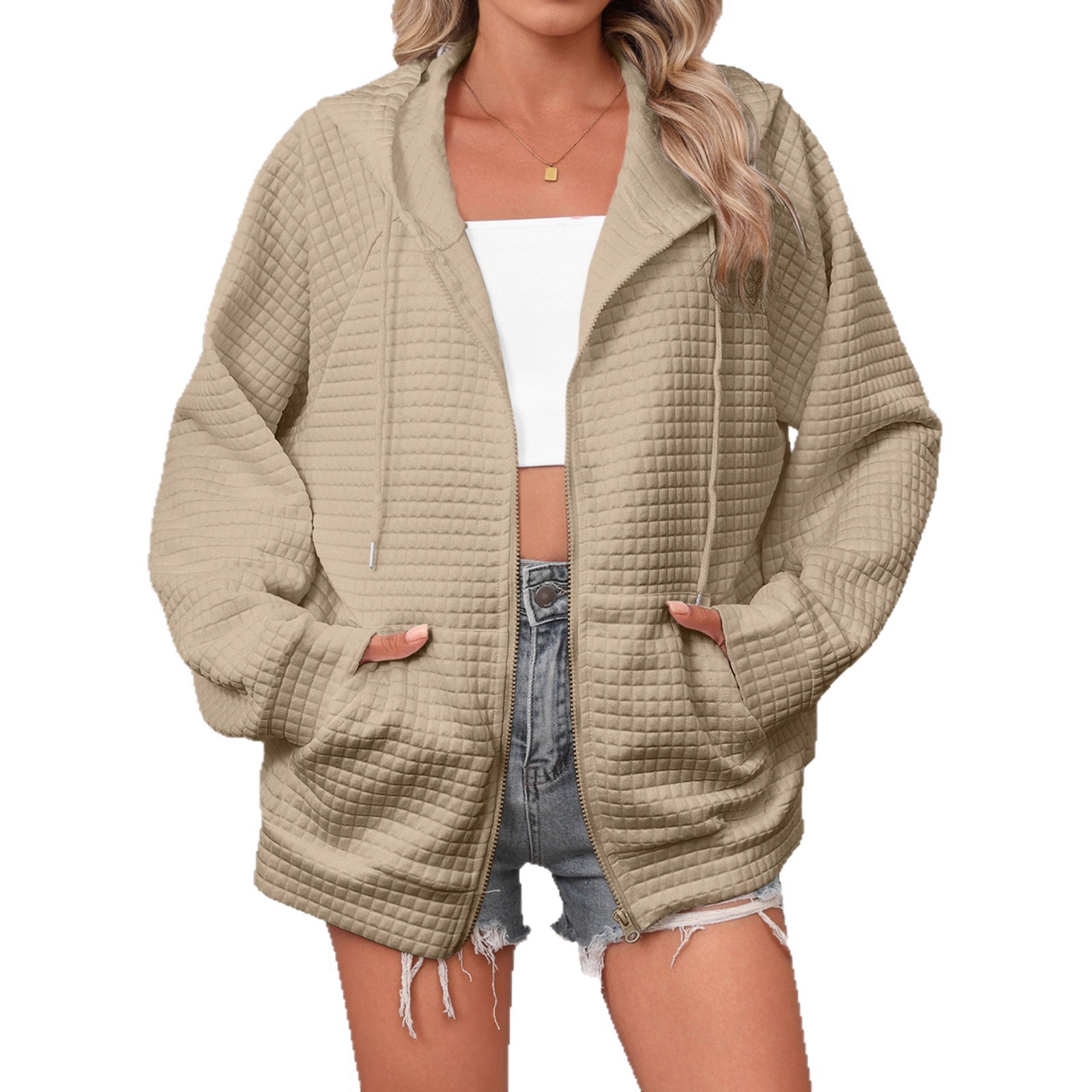 Autumn And Winter Waffle Hooded Drawstring Sweatshirt Casual Zip Jacket Jacket For Women_ecoleips.com