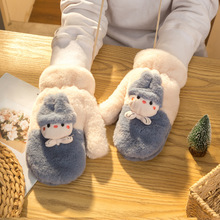 手套女冬季可爱卡通加厚保暖加绒骑车防寒挂脖连指毛线新款韩版