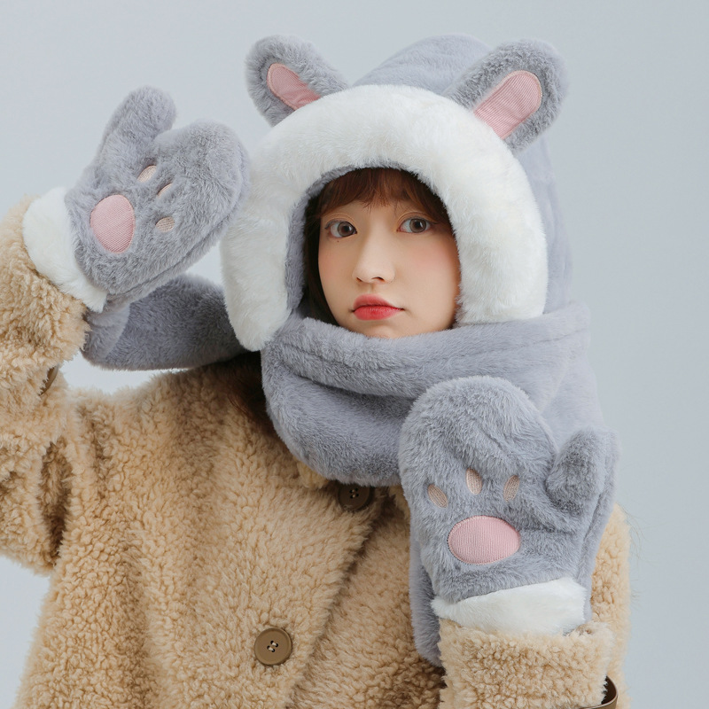 2023 new scarf hat thickened warm 3-piece set cute bear plush hat gloves