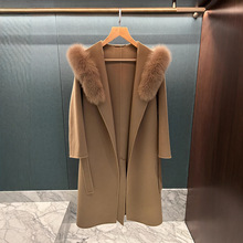 高定版本 25秋冬M家连帽驼色狐狸毛领中长款双面羊绒羊毛大衣外套