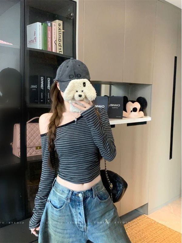 粉色条纹斜肩长袖T恤女装秋季纯欲风收腰修身紧身短款小个子上衣|undefined
