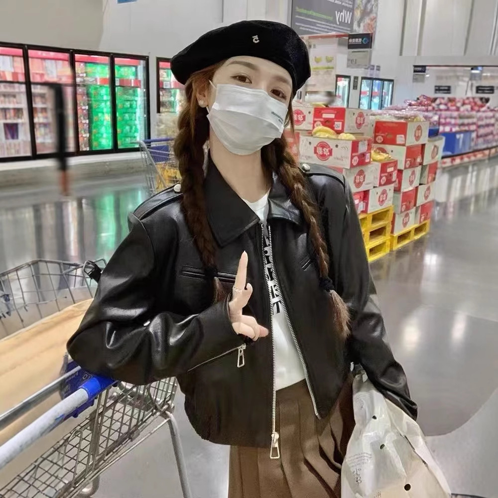 Designed Black Pu Leather Jacket Women's Short Style 2025 Spring & Fall New Style Street Sweet and Cool Style Motorcycle Jacket for Small People