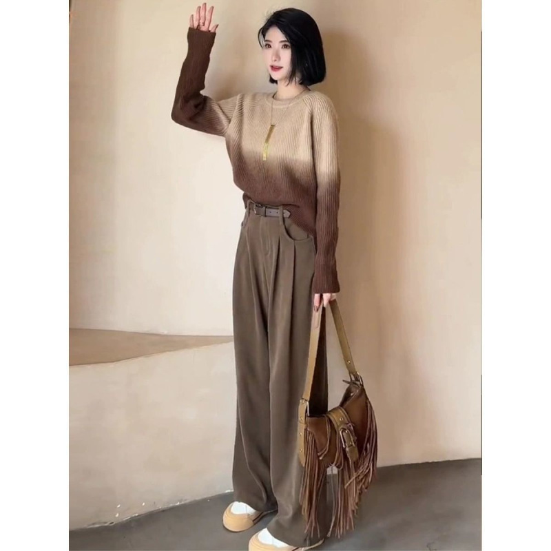 大码女装秋季套装女2025新款遮肉显瘦渐变色毛衣阔腿休闲裤两件套|undefined