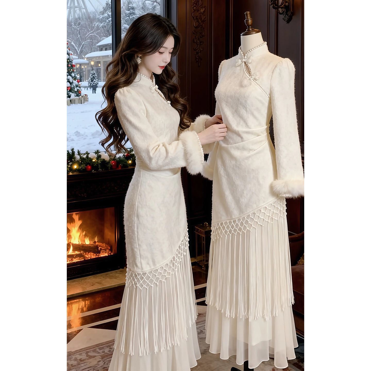 新中式国风立领加绒加厚改良旗袍感气质修身假两件连衣裙25冬