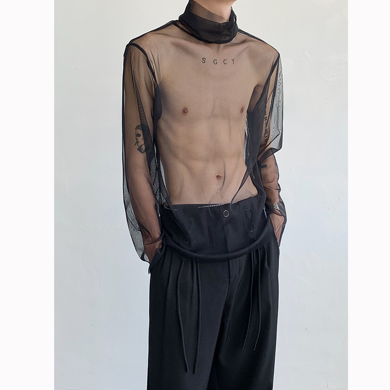 2026 High-Neck Mesh Base Layer Sun-Protective Long-Sleeve T-Shirt for Men, Hollow-Out Transparent Thin Top with Unique Design