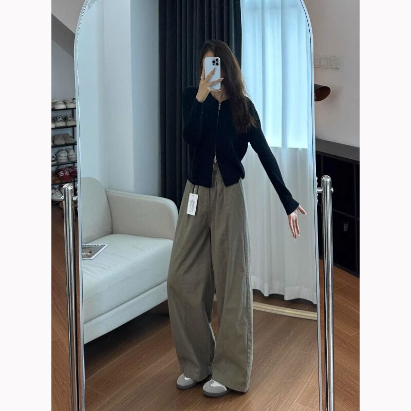 大码美式高腰阔腿弯刀裤女秋季胖MM宽松显瘦拖地阔腿裤休闲长裤|undefined