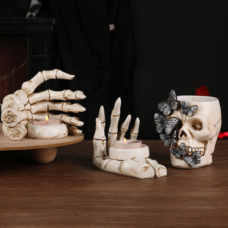 Cross Border Halloween Decorations Horror Skeleton Hand Skeleton Head Resin Candlestick Ghost Festival Party Desktop
