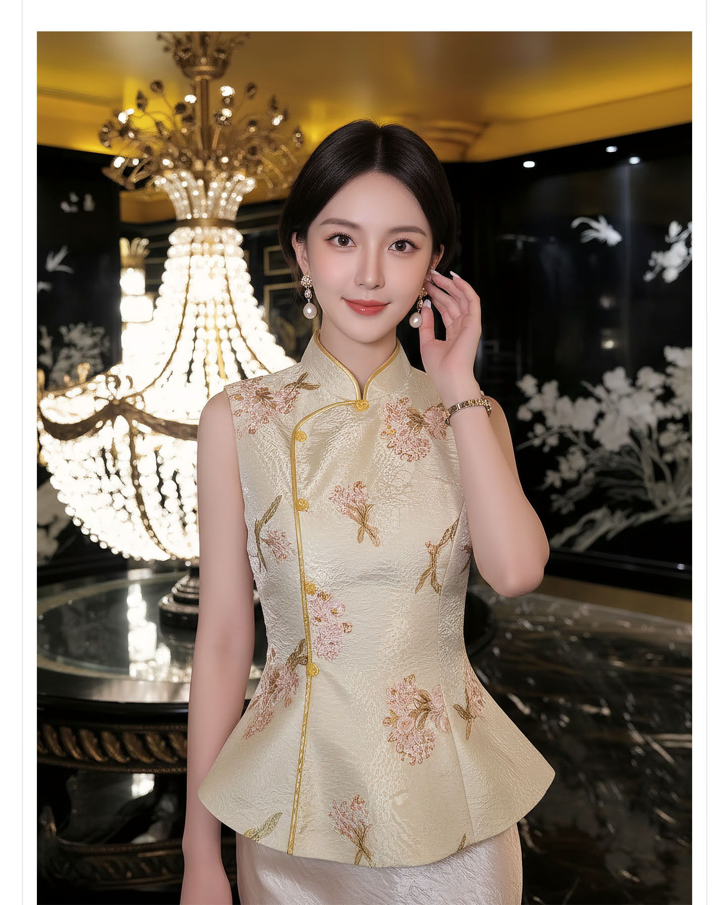 Bộ váy nữ phong cách Trung Hoa mới gồm áo choàng vai, áo khoác gile và chân váy nửa dài, họa tiết thêu hoa văn, tua rua — Mây vai, Trang chủ, Champagne màu nửa váy chi tiết 5