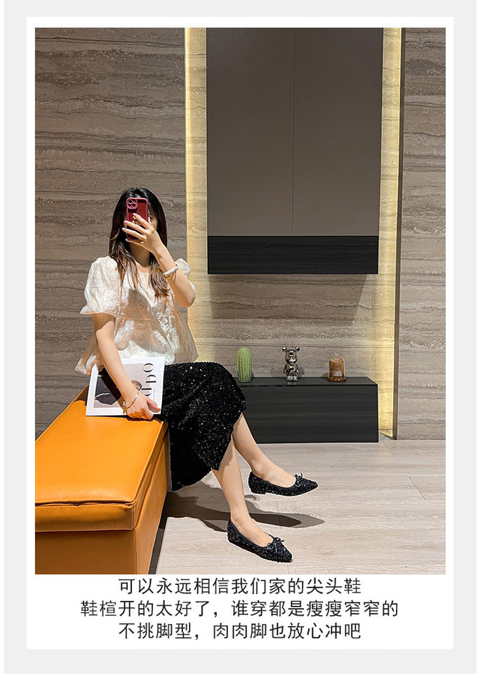 Giày nữ mũi nhọn đế mềm thấp, thắt nơ, kiểu xuân — Màu đen chi tiết 13