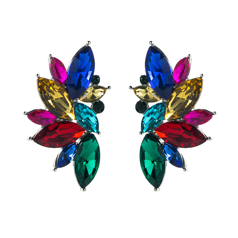 retro geometric flower alloy diamond rhinestone leaf earrings wholesale Nihaojewelry